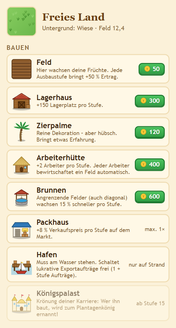 Baumenü mit allen Gebäuden