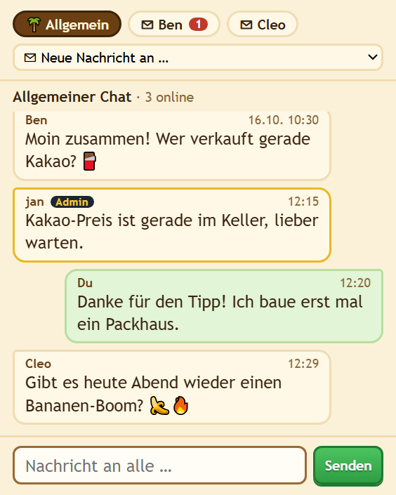 Der Chat-Reiter mit allgemeinem Chat und privaten Unterhaltungen
