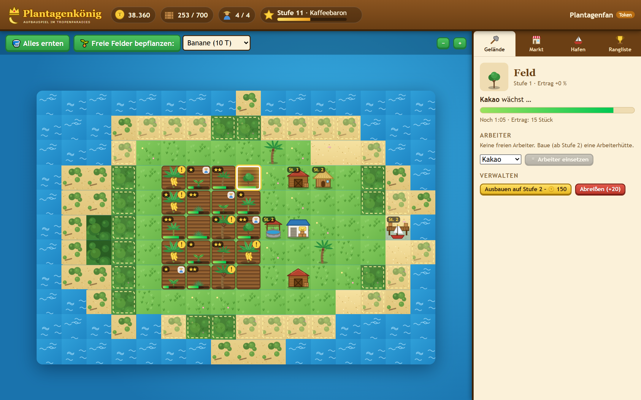 Übersicht über eine ausgebaute Plantage im Spiel
